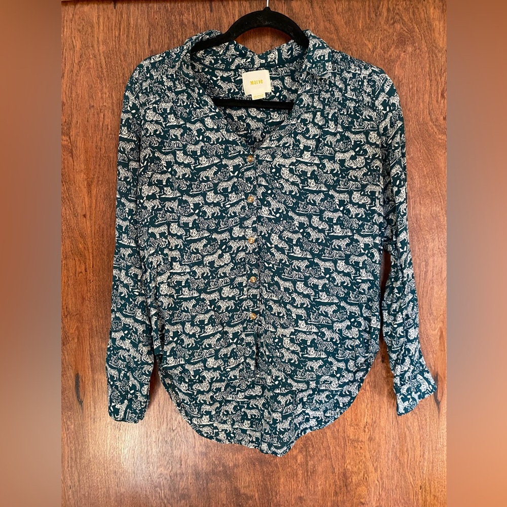 Maeve Anthropologie Emory Teal Tiger Print Button Front Blouse